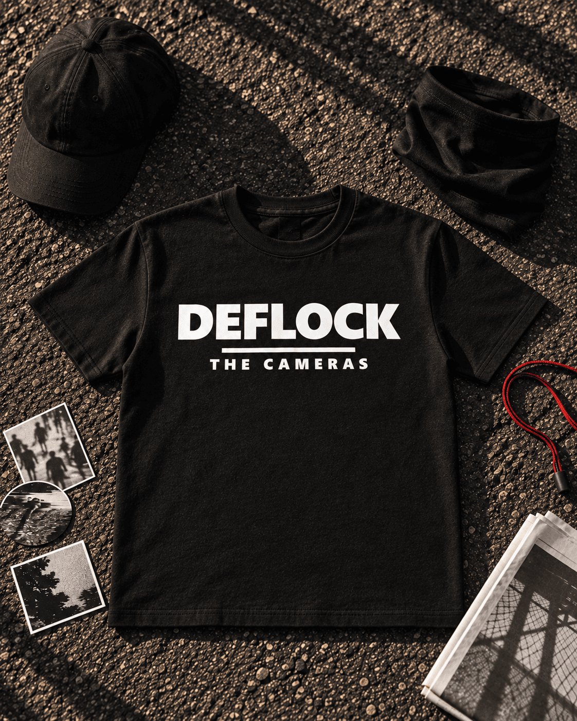 Black DEFLOCK hoodie, tee, cap and face covering